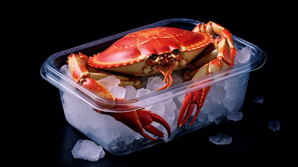 /imagine prompt:Create an image of a cooked crab in a sealed container placed on a bed of ice cubes, with a label indicating the date of cooking to illustrate proper storage methods for cooked crab. --v 5.1 --ar 16:9