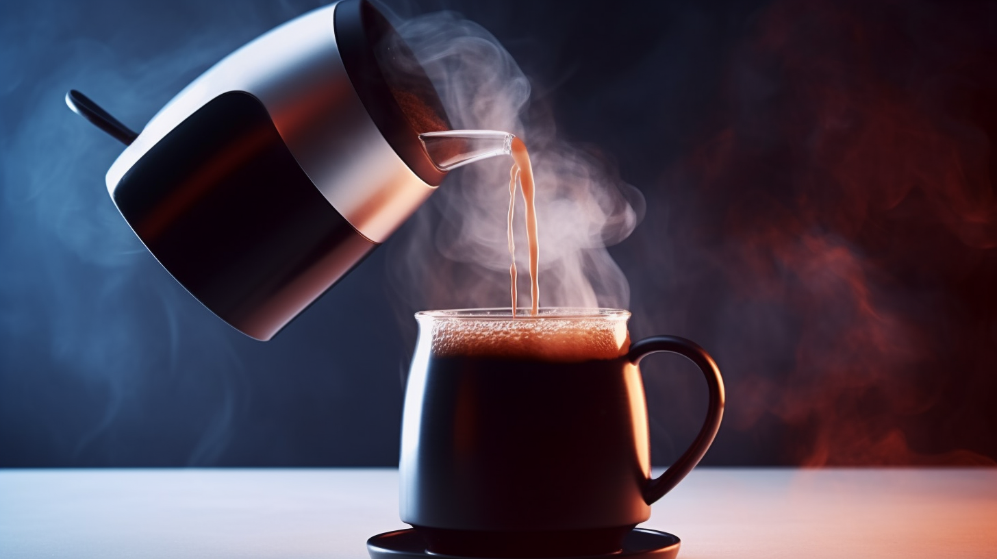 /imagine prompt:Create an image of a hand pouring hot coffee from a Keurig Carafe into a mug. Show the steam rising from the mug and the carafe sitting on the Keurig machine. --v 5.1 --ar 16:9