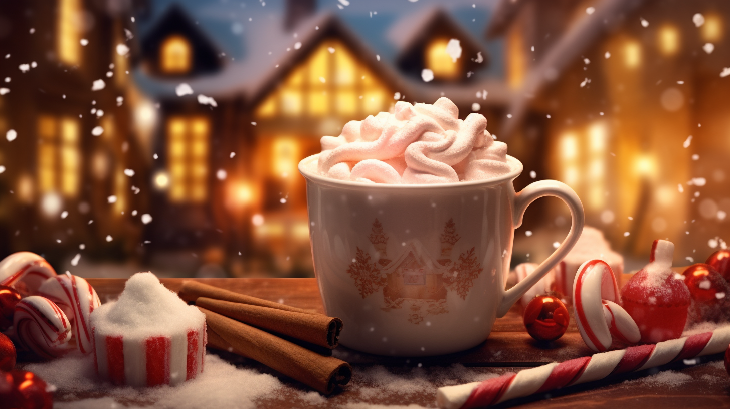 /imagine prompt:Create an image of a steaming cup of hot chocolate with whipped cream and cinnamon sprinkles, surrounded by marshmallows and a candy cane, on a cozy winter-themed background. --v 5.1 --ar 16:9